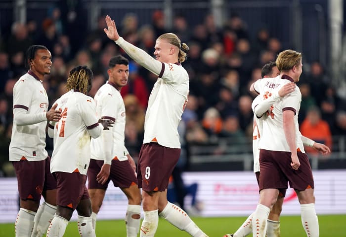 Erling Haaland pictured (center) celebrating after scoring five goals for Manchester City in a 6-2 win over Luton Town in the FA Cup in February 2024